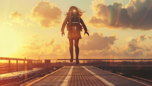 Woman jetpacking through sky, surprised woman on the platform
