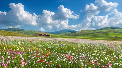 A field of flowers with a small house in the distance