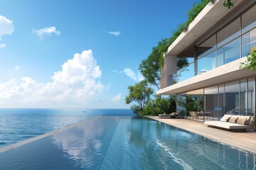 Fototapeta premium Perspective of modern luxury house with wood terrace and swimming pool on sea view background Idea of minimal architecture design. 3D rendering. 