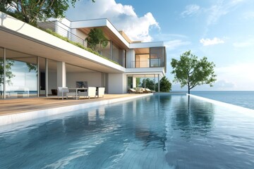 Fototapeta premium Perspective of modern luxury house with wood terrace and swimming pool on sea view background Idea of minimal architecture design. 3D rendering. 