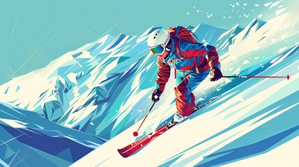 Olympic Paris 2024 Sport Abstract Alpine Skiing Focus on abstract shapes and lines depicting an alpine skier, with a snowy mountain background, with right space for text