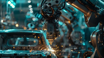 A close-up of a robotic arm welding a car part, sparks illuminating the precision and efficiency of automated construction