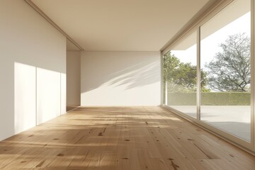 Obraz premium 3d rendering of modern empty room with wooden floor and large window on white background. 