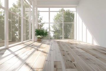 Fototapeta premium 3d rendering of modern empty room with wooden floor and large window on white background. 