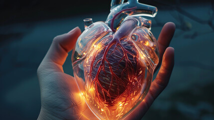 A transparent, glowing model of a heart on one hand