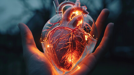 A transparent, glowing model of a heart on one hand
