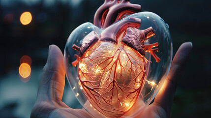 A transparent, glowing model of a heart on one hand