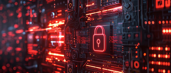 Obraz premium Hightech lock icon on a digital interface, showcasing modern data protection methods