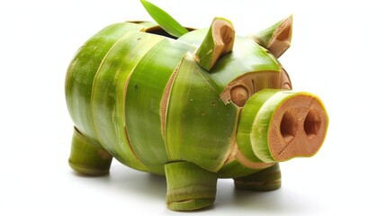 Piggy bank made of bamboo isolated on white. Environmentally friendly friends