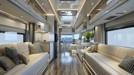 Fototapeta premium A luxury campervan that offers the ultimate mobile living experience. With a modern, luxurious exterior design, the rooftop swimming pool adds to the luxury and relaxation.