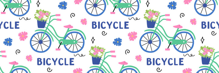 Bicycle seamless pattern. World Bicycle Day 3 June Background with bike. Summer activities and sports. Suitable for textile design, packaging, wallpaper, scrapbooking. Vector flat illustration.