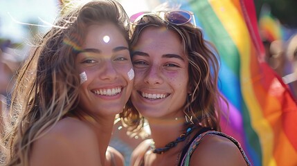 Fototapeta premium A joyful couple at a pride event, embracing and smiling, with a rainbow flag in the background