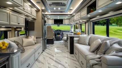 Obraz premium A luxury campervan that offers the ultimate mobile living experience. With a modern, luxurious exterior design, the rooftop swimming pool adds to the luxury and relaxation.