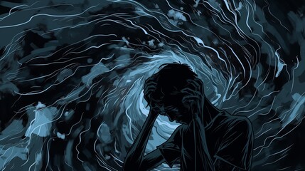 A man is in a dark room with a swirling vortex in the background. He is looking down and he is in a state of distress