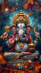 Fototapeta premium Vibrant depiction of Lord Ganesha, the Hindu deity with an elephant head, adorned with colorful ornaments and divine attributes.