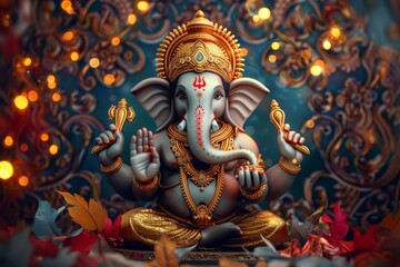Obraz premium Vibrant image of Lord Ganesha, the Hindu god with an elephant head, adorned in gold, set against a decorative background.