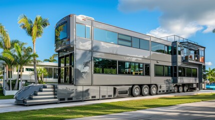 Fototapeta premium A luxury campervan that offers the ultimate mobile living experience. With a modern, luxurious exterior design, the rooftop swimming pool adds to the luxury and relaxation.