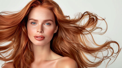 Obraz premium banner for cosmetics hair care products, coloring. red-haired model with hair extensions light background. place for text, copy space. hair dye, hair coloring