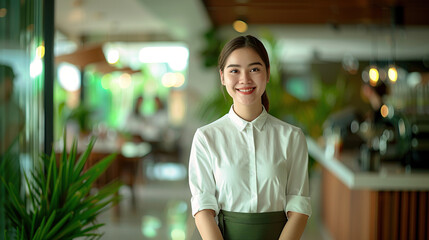 A young business woman in white was standing in the company lobby
