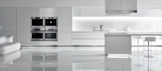 Minimalist white kitchen interior with glossy white cabinetry, a built-in oven, and minimalist bar stools