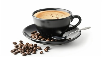 Fototapeta premium cappuccino coffee in a black ceramic cup with spoon and coffee beans. On the side, isolated on white Environmentally friendly friends
