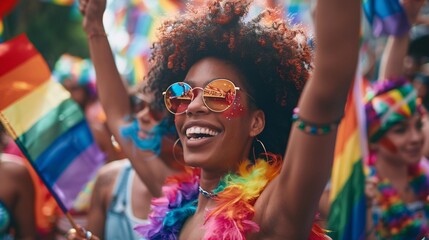 Obraz premium A pride parade with participants in colorful outfits, holding hands and waving flags, showcasing community and togetherness