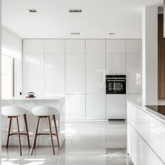 Fototapeta premium Minimalist white kitchen interior with glossy white cabinetry, modern bar stools, and a built-in oven
