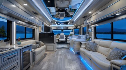 Fototapeta premium A luxury campervan that offers the ultimate mobile living experience. With a modern, luxurious exterior design, the rooftop swimming pool adds to the luxury and relaxation.