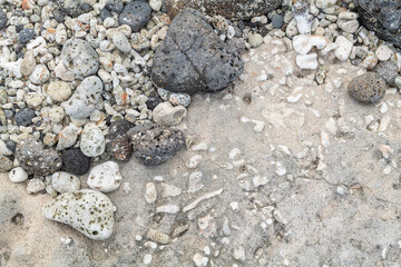 Beachrock is a friable to well-cemented sedimentary rock that consists of a variable mixture of basalt gravel , sand , and silt-sized sediment. fragments of coral and shells . Geology 
