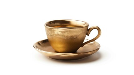 Fototapeta premium espresso coffee in a ceramic cup, gold , isolated on white. Environmentally friendly friends