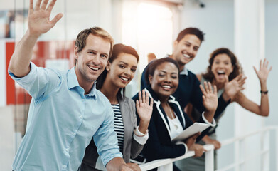 Happy, business people and hand waving to new employee for welcome, hello and recruitment in...