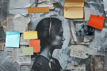 grunge wall background with scraps of paper and blank colorful post-its. True crime podcast cover