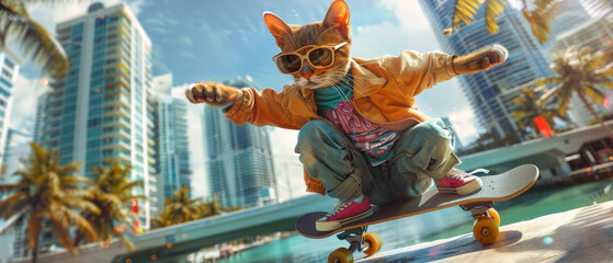 Anthropomorphic cat skateboarding in casual attire along the Miami waterfront, sunny day with vibrant cityscape
