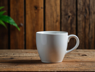 Fototapeta premium A white coffee mug mockup on wooden table