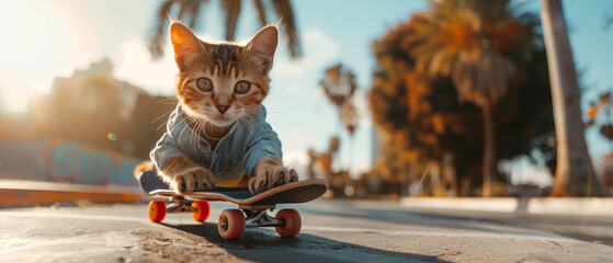 Cute anthropomorphic cat in casual clothes skateboarding along the sunny Miami waterfront, capturing the vibrant cityscape and ocean