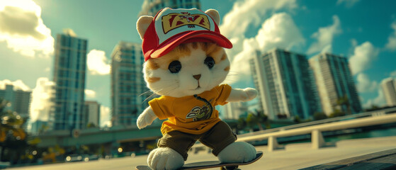 Cute anthropomorphic cat skateboarding along Miami waterfront on a sunny day, showcasing casual urban style and scenic backdrop