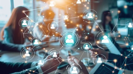 Obraz premium Teamwork and human resources, technology concept, human resources management in company business with network of people to support partnership, trust