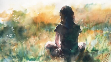 A girl is sitting in a field of grass. The grass is green and the sky is blue