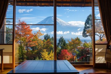 View of mount Fuji In Japan from a Japanese hotel window