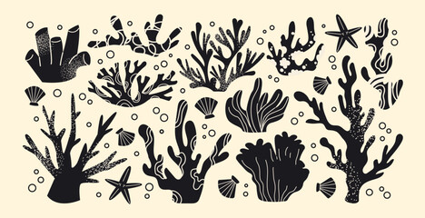 Silhouettes corals and seaweed, underwater ocean flora. Cartoon marine plants of the seabed. Vintage botanical elements in retro groovy style