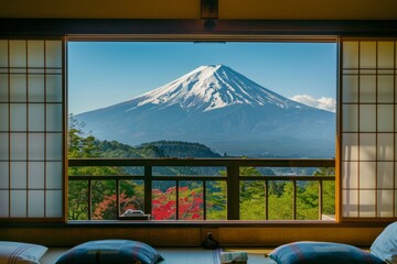 View of mount Fuji In Japan from a Japanese hotel window