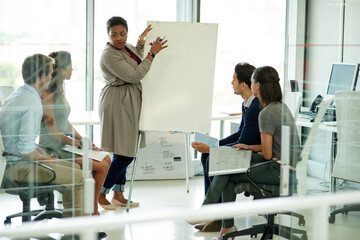 Woman, presentation and people in workplace or meeting, business planning and white board...