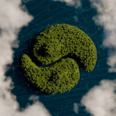 two densely vegetated islands in the shape of a yin yang symbol - 3d illustration