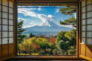 Fototapeta premium View of mount Fuji In Japan from a Japanese hotel window