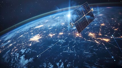 A close-up of a satellite transmitting data beams towards Earth, highlighting its role in global connectivity. 