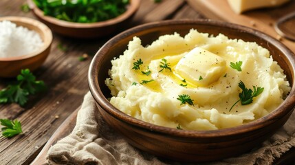 Bowl of mashed potatoes with butter and butter pat