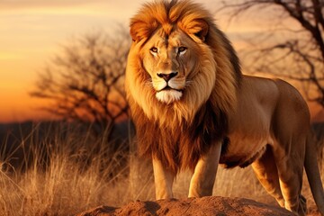 Regal African Lion Roaming the Vast Savanna Landscape with Confidence and Majesty