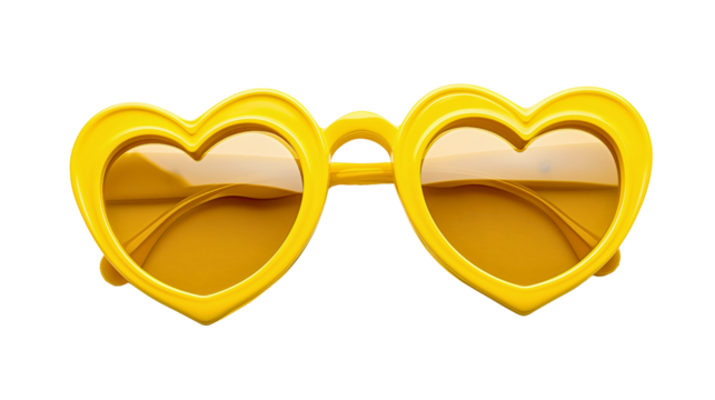 Closeup of yellow heart shaped frame summer sunglasses, modern fashion style object isolated on transparent background