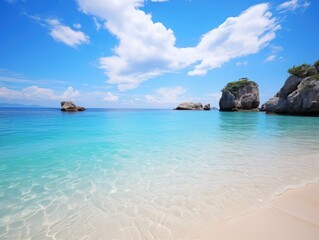 Fototapeta premium Serene Tropical Paradise - Tranquil Beach with Crystal-Clear Turquoise Waters