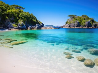 Fototapeta premium Serene Paradise: Tranquil Beach with Crystal-Clear Turquoise Water